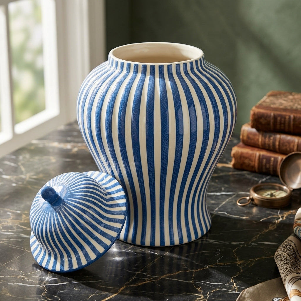 Hand-painted blue white ceramic jar