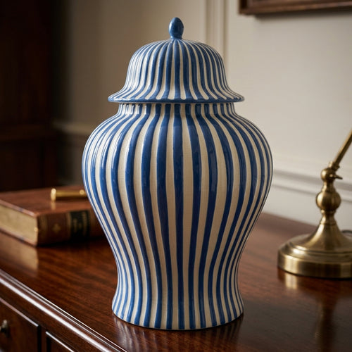 Blue and white striped ceramic ginger jar