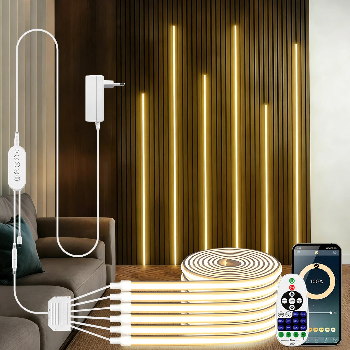 bluetooth cob led neon strip light glowing on wall