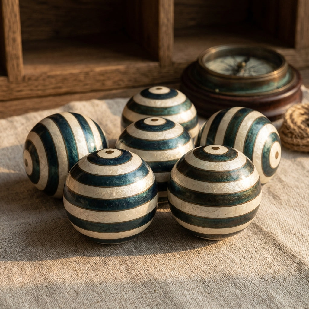 Blue and white Capiz striped decorative balls