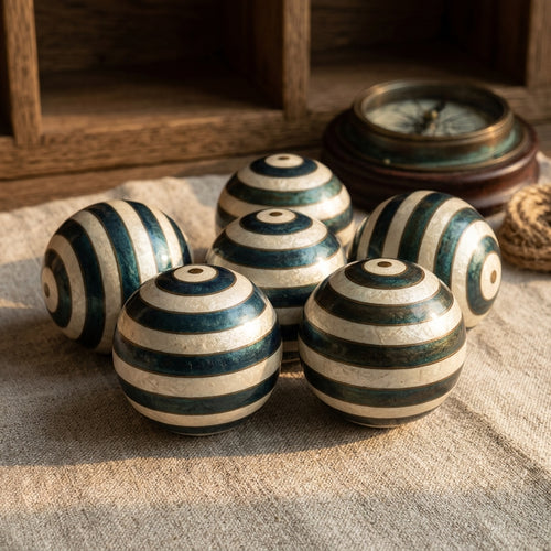 Blue and white Capiz striped decorative balls