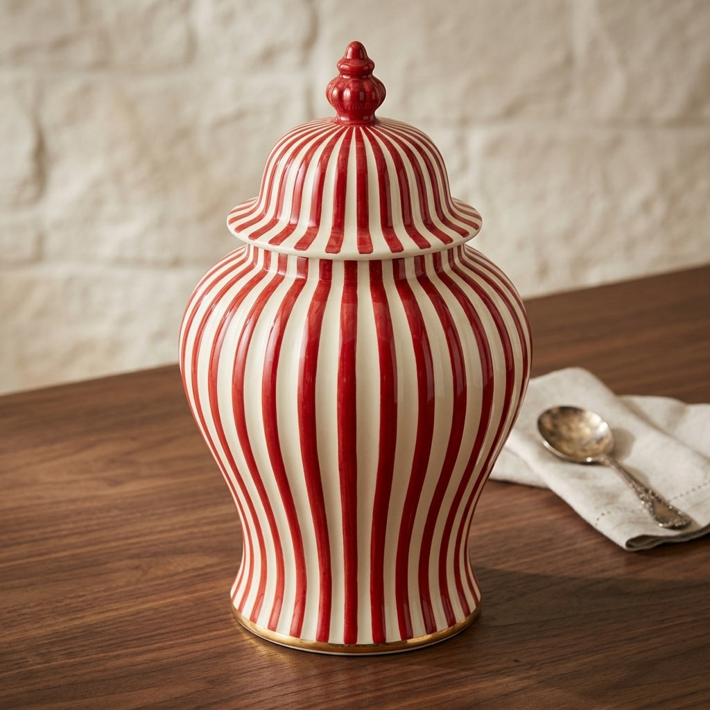 Ceramic decorative jar with bold red and white stripes