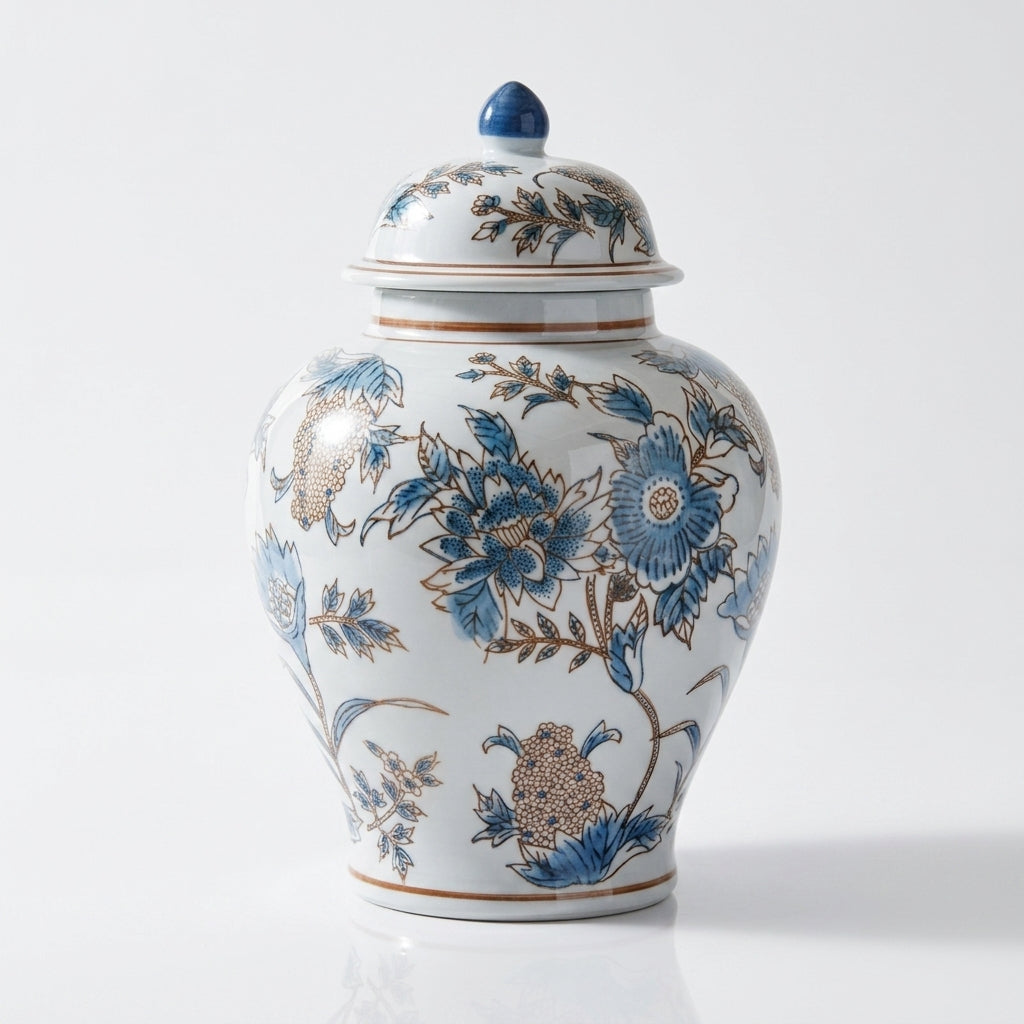 Elegant floral ceramic jar with removable lid