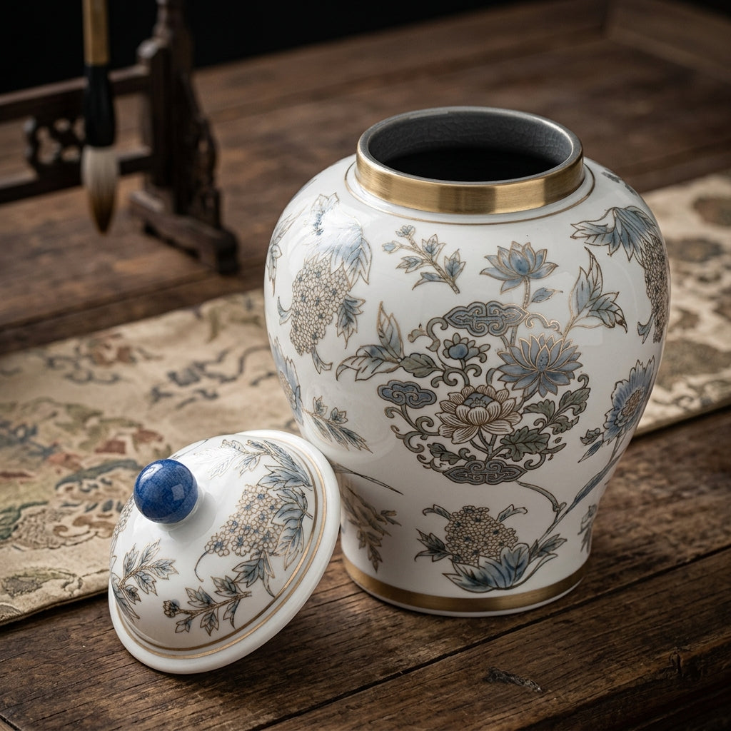 Glazed ceramic Chinoiserie jar with lid