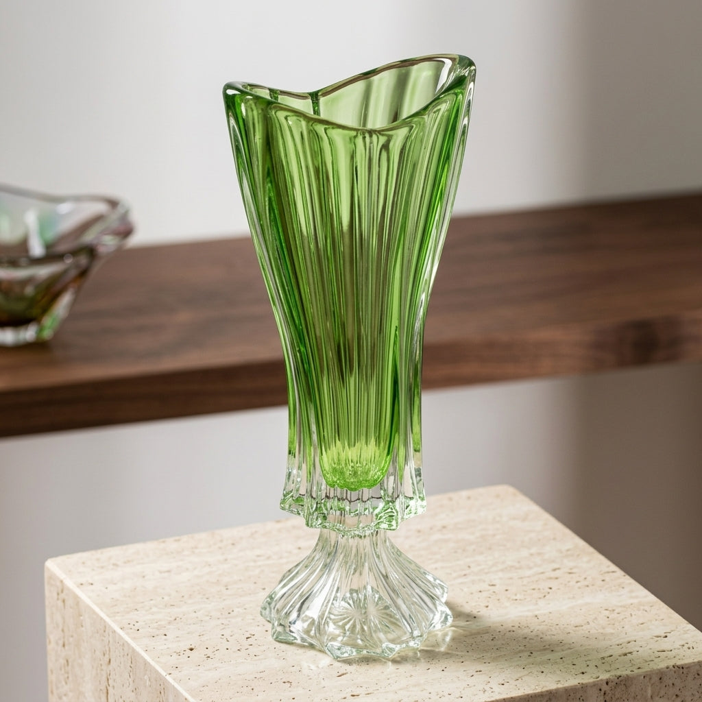 Green Bohemian crystal footed flower vase