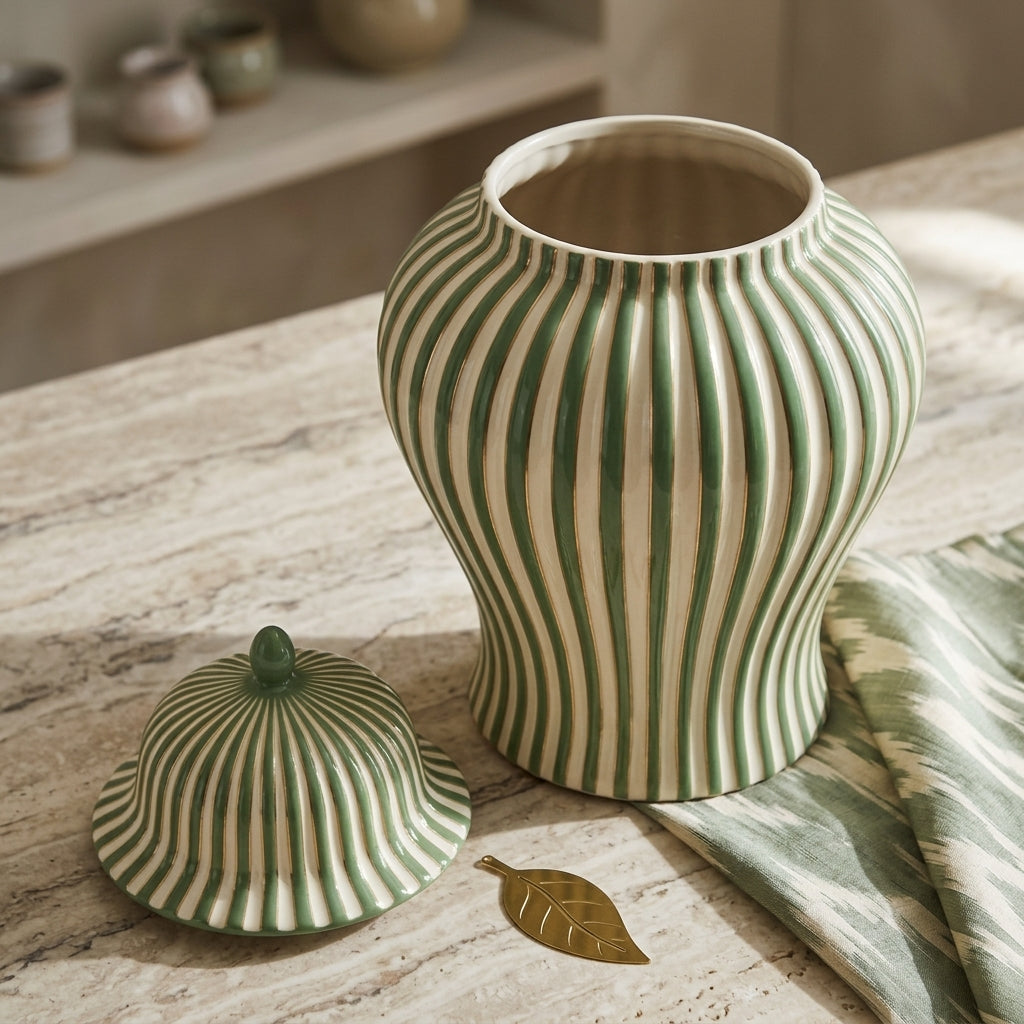 Hand-painted green white ceramic jar