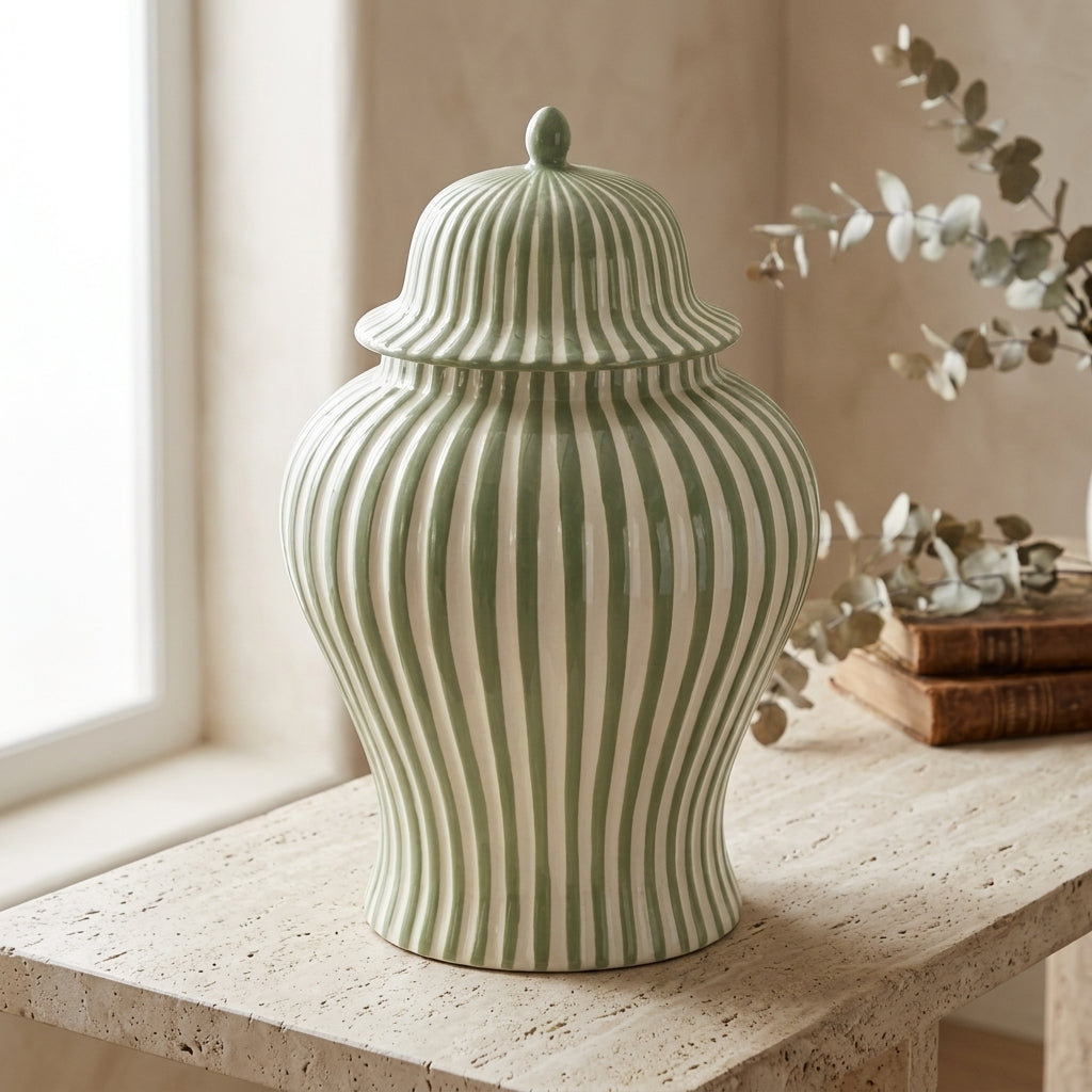 Green and white striped ceramic ginger jar