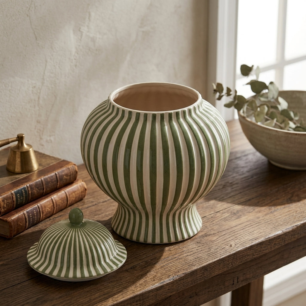 Decorative green striped ceramic jar