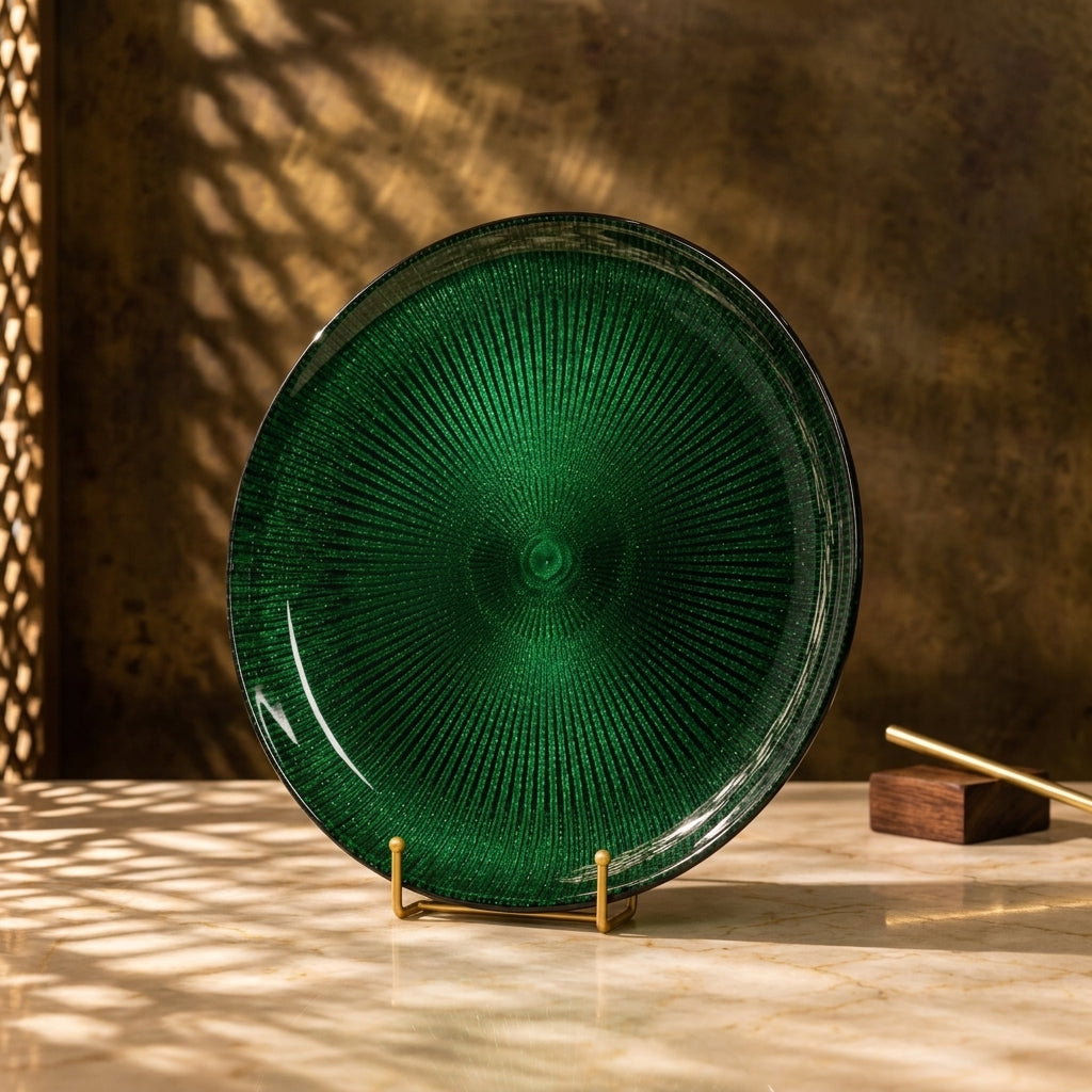 Noel pine green glitter glass serving platter
