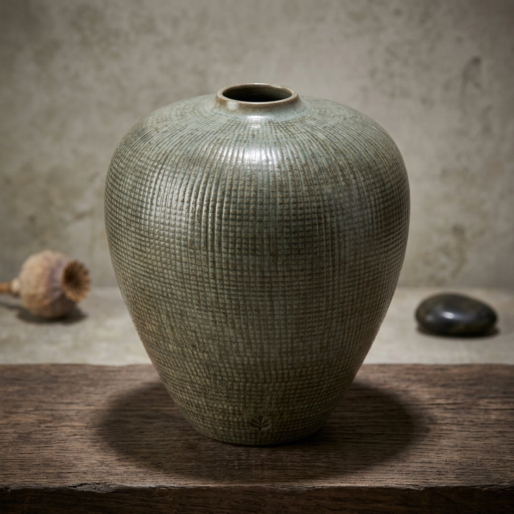 Reactive silver blue check bulbous ceramic vase