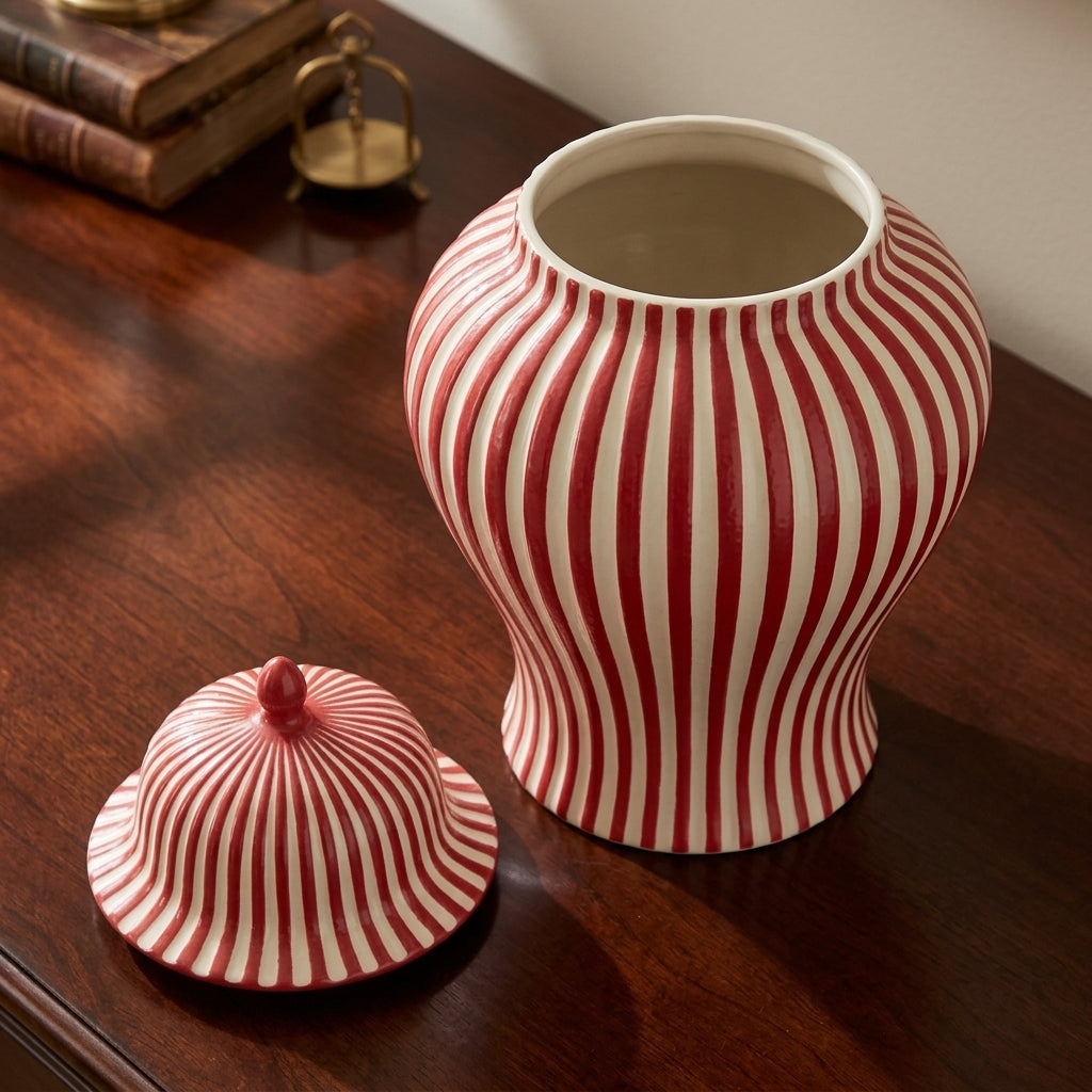 Red white glazed ceramic ginger jar centerpiece