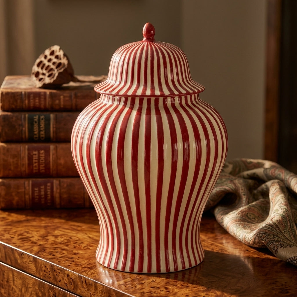 Red and white striped ceramic ginger jar