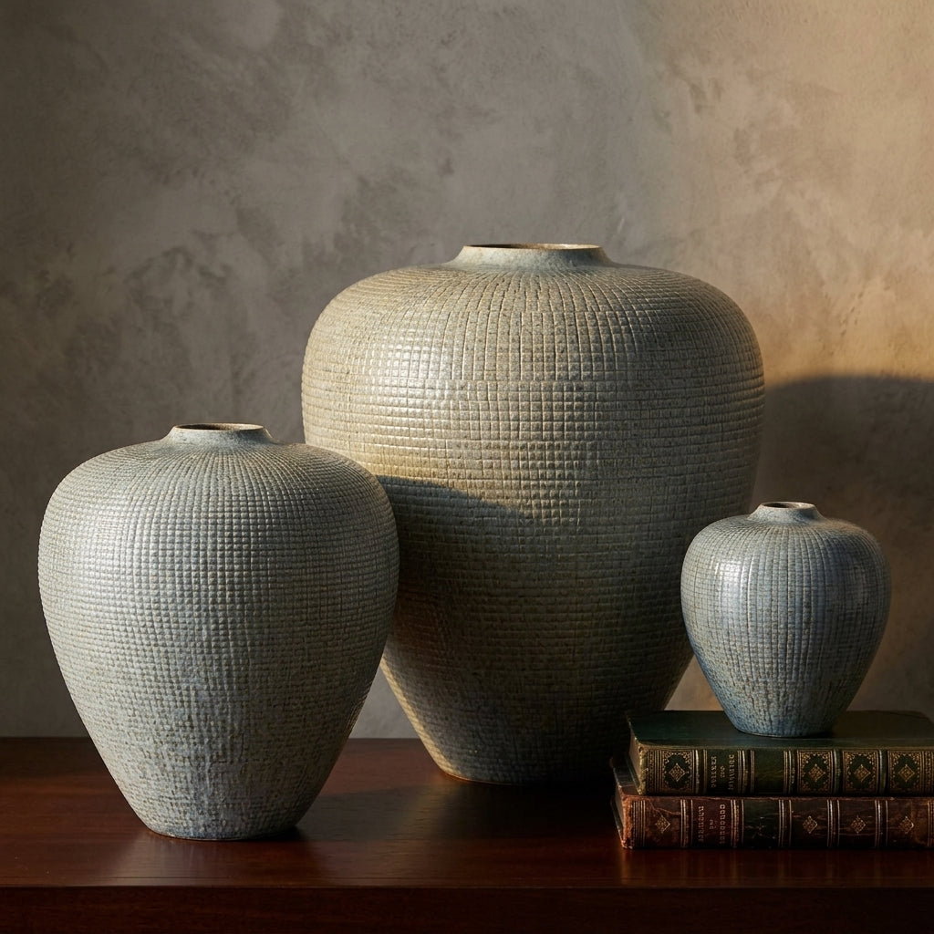 Small textured ceramic vase with reactive glaze